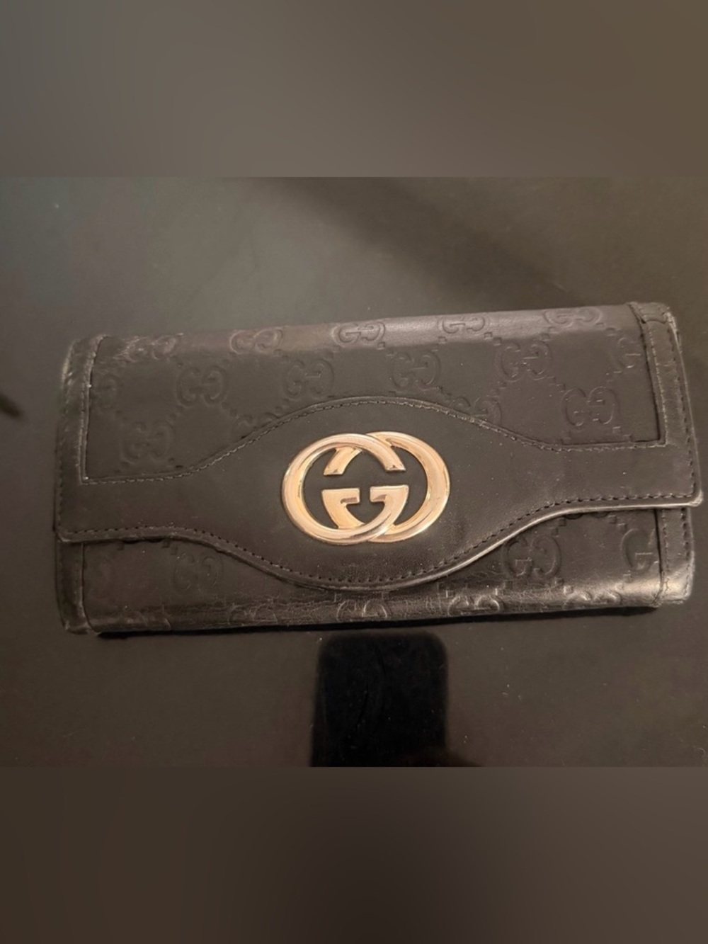 Gucci Black GG Logo Leather long wallet, like new